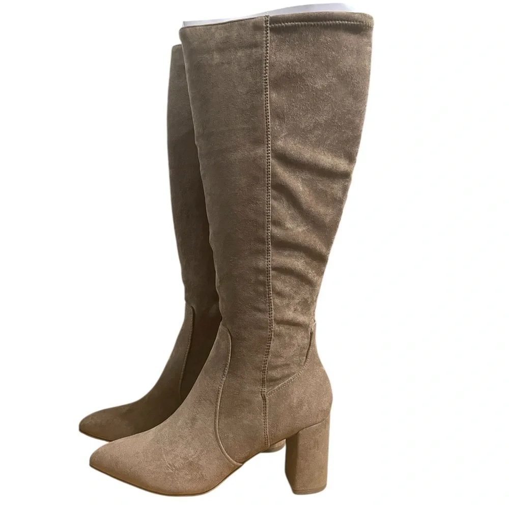 Anne Klein Tan Truffle Knee-High Block Heel Neutral Dress Boots sz 8.5W NIB